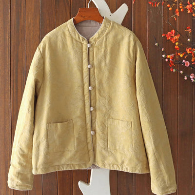 Cotton Jacquard Stand Collar Single-Breasted Cotton-In Warm Coat