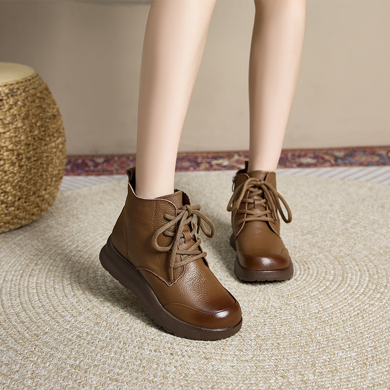 Autumn Retro Leather Soft Flat Sole Lace-Up Ankle Boots