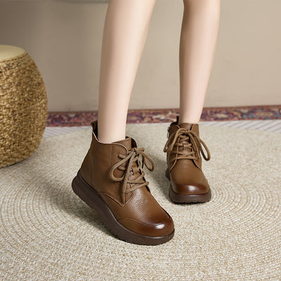 Autumn Retro Leather Soft Flat Sole Lace-Up Ankle Boots