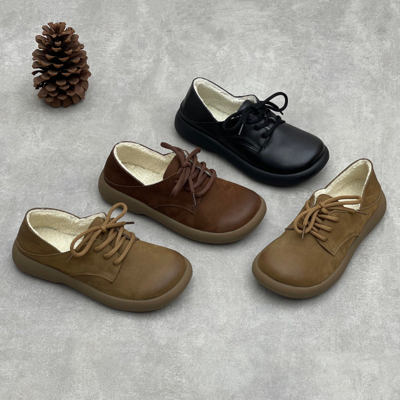 Winter Warm Leather Round Toe Lace-Up Fleece-Lined Flats