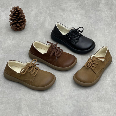 Winter Warm Leather Round Toe Lace-Up Fleece-Lined Flats