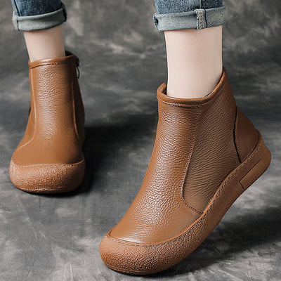 Retro Leather Round Wide Toe Wool-Lined Warm Slip-On Boots