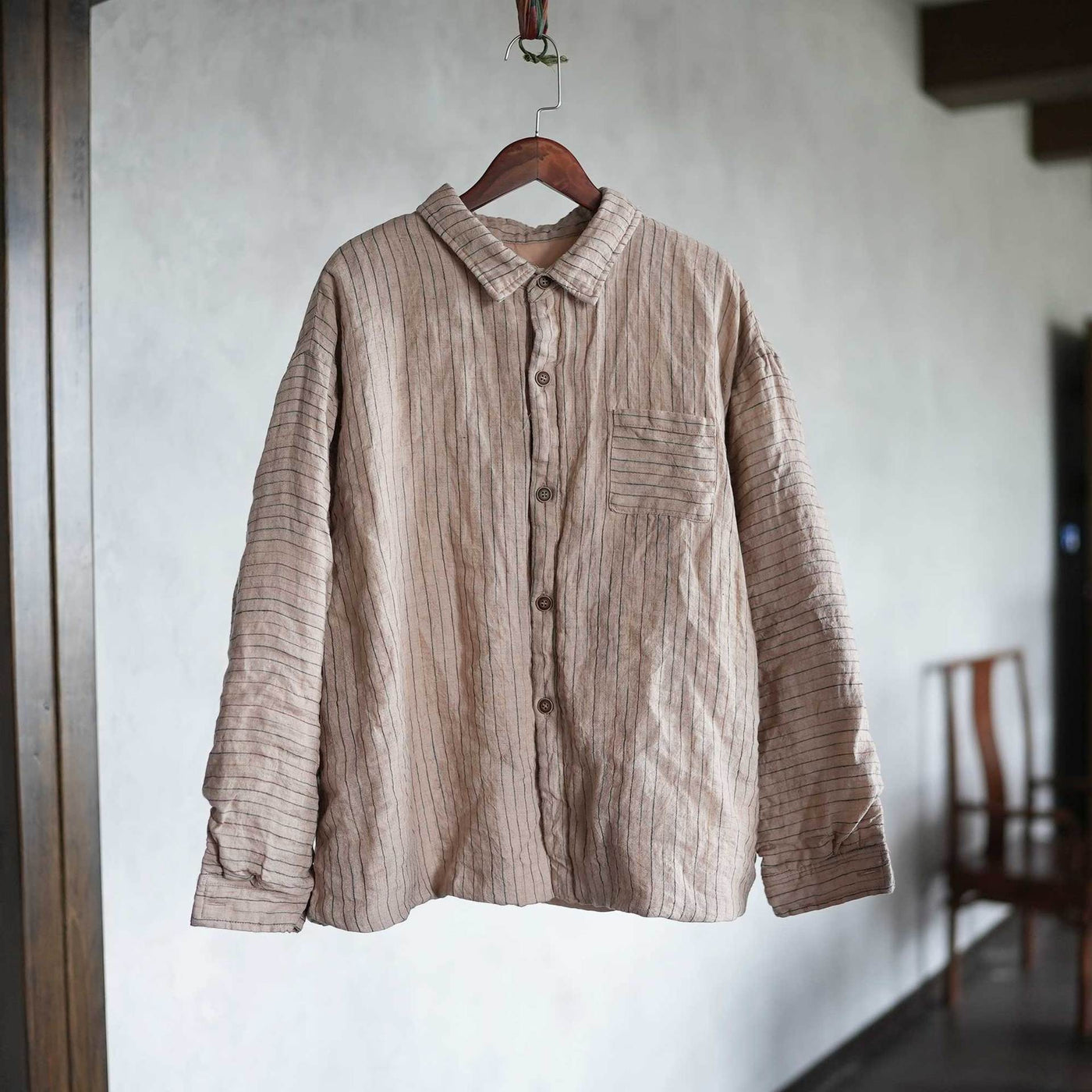 Winter Retro Linen Warm Cotton-In Striped Shirt Coat