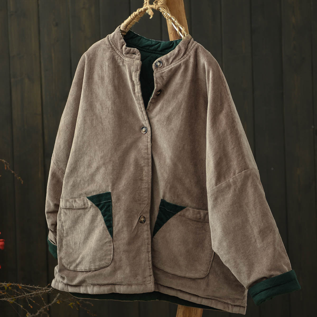 Women Winter Vintage Reversible Corduroy Stand Collar Quilted Jacket