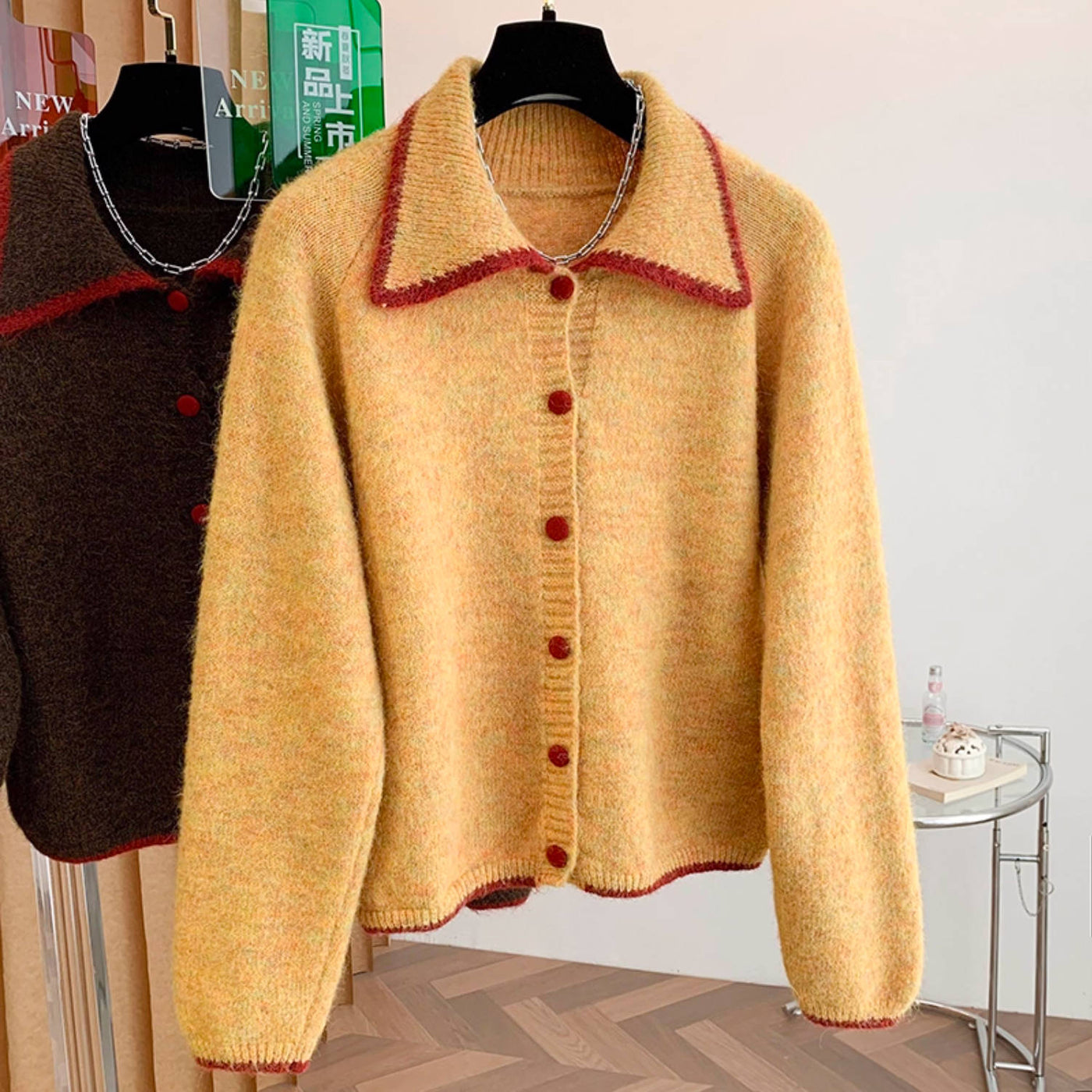 Retro Winter Lapel Patchwork Single-Breasted Warm Thick Sweaters