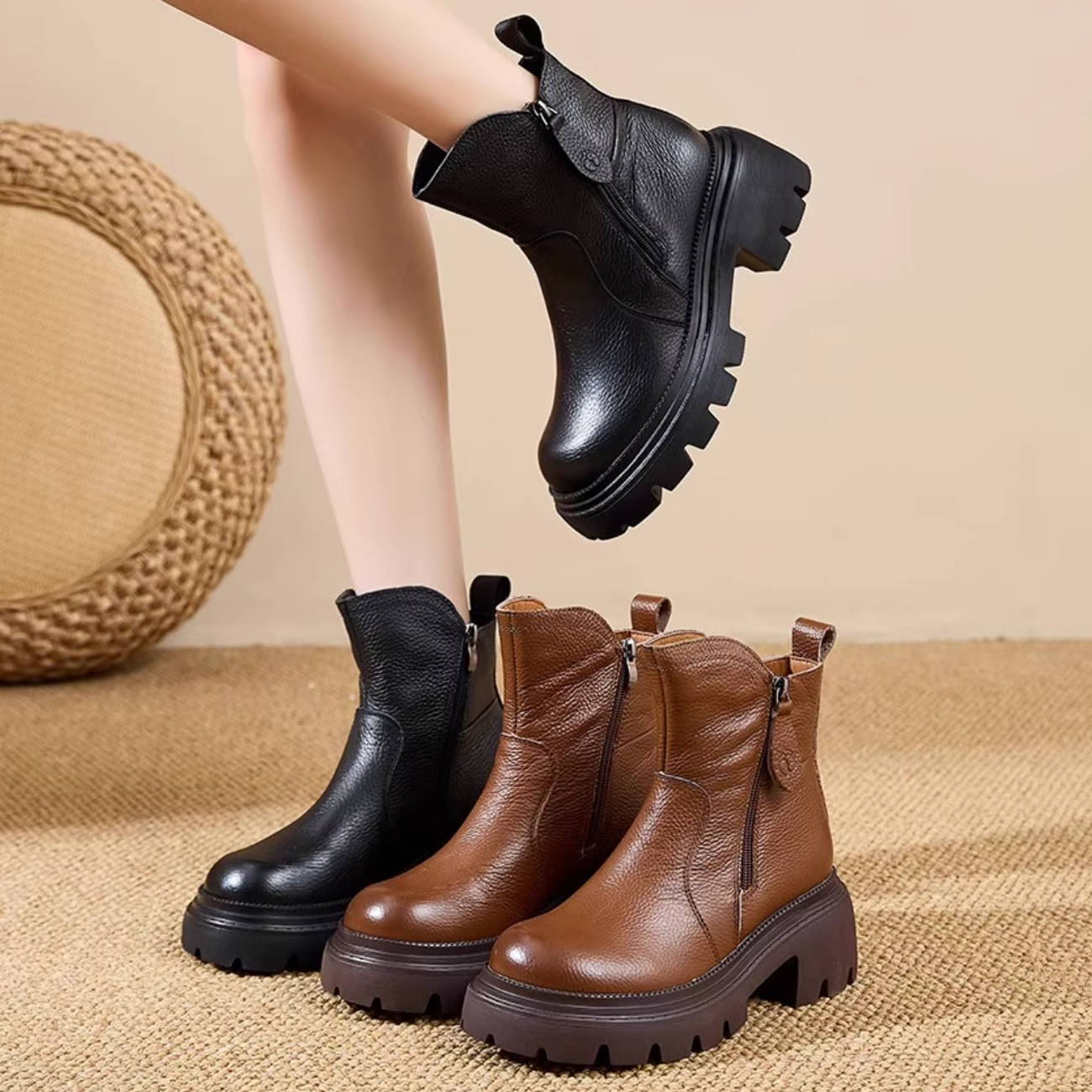 Top Leather Retro Solid Color Casual Thick Sole Chunky Zipper Ankle Boots