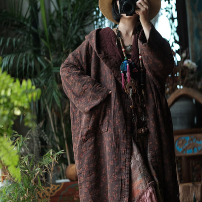 Winter Cotton Retro Washed Printed Hoodies Plus Size Thick Long Coat