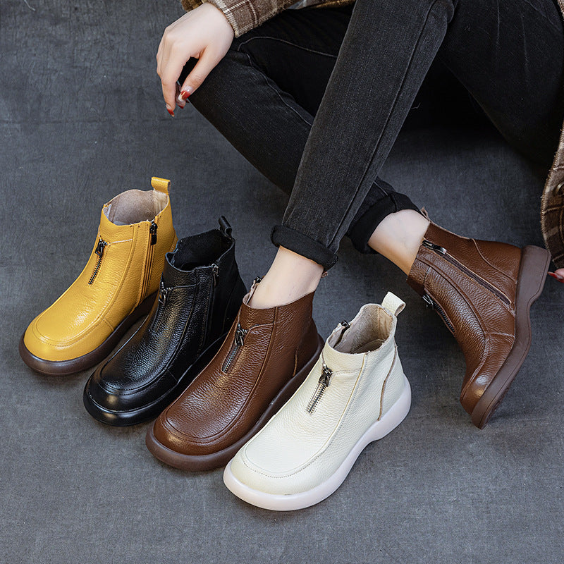 Top Leather Soft Flat Sole Trendy Comfortable Zipper Boots