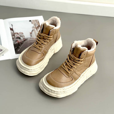 Winter Leather Warm Thick Sole Lace-Up Plush Wide Toe Ankle Boots