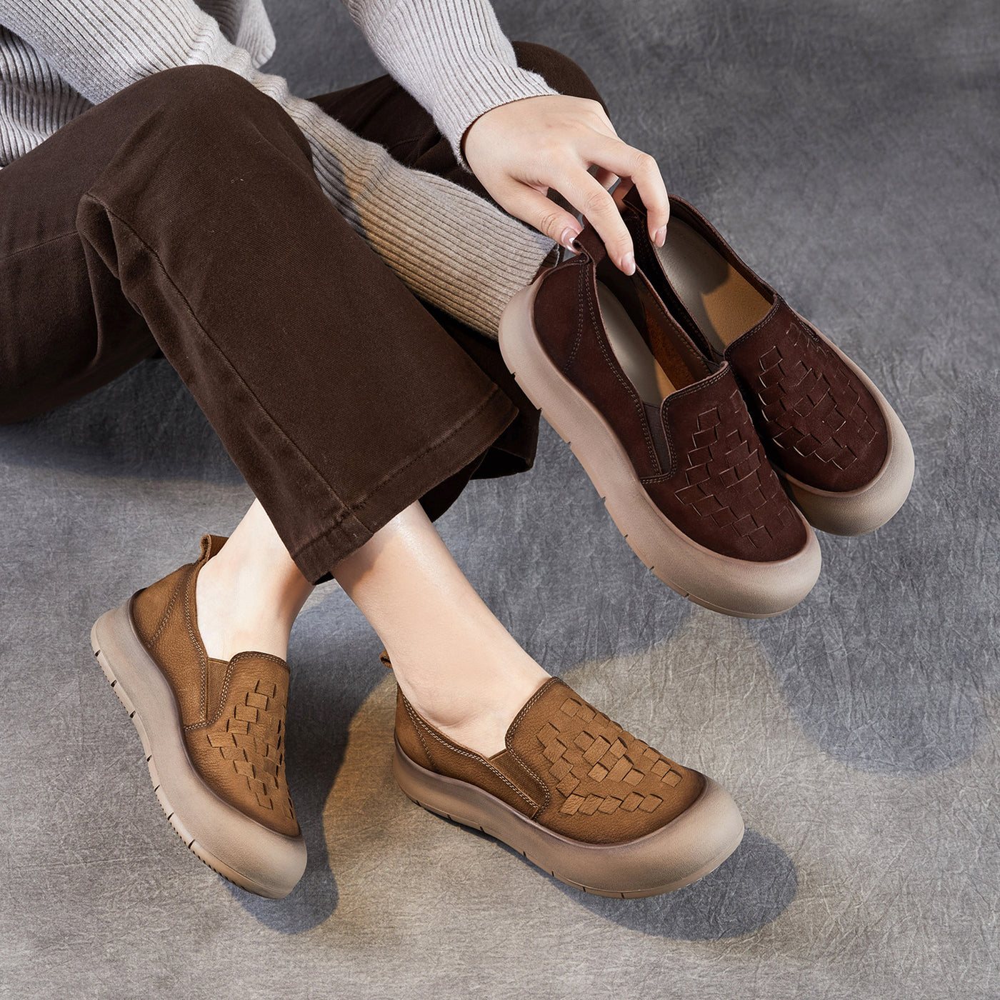 Genuine Leather Retro Handwoven Platform Loafers Slip-On Shoes
