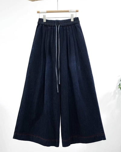 Autumn Retro Denim Blue Wide Leg Loose Casual Elastic Waist Jeans