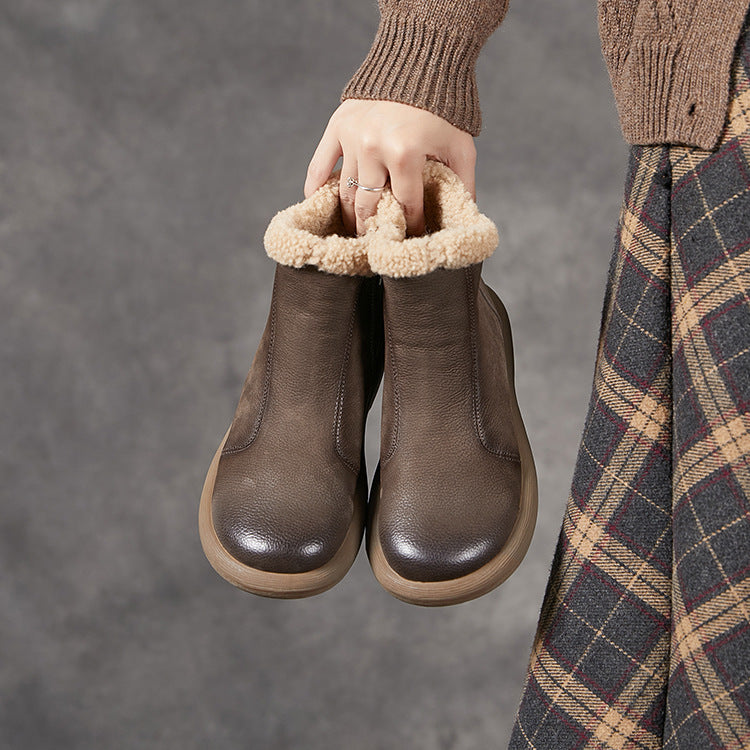 Winter Warm Leather Plush Round Toe Simple Zipper Ankle Boots
