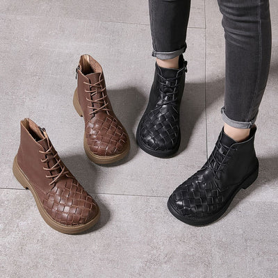 Retro Leather Woven Fashion Casual Zipper Soft Sole Ankle Boots
