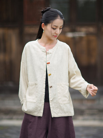 Babakud Retro Ramie Round Neck Single Breasted Loose Shirt