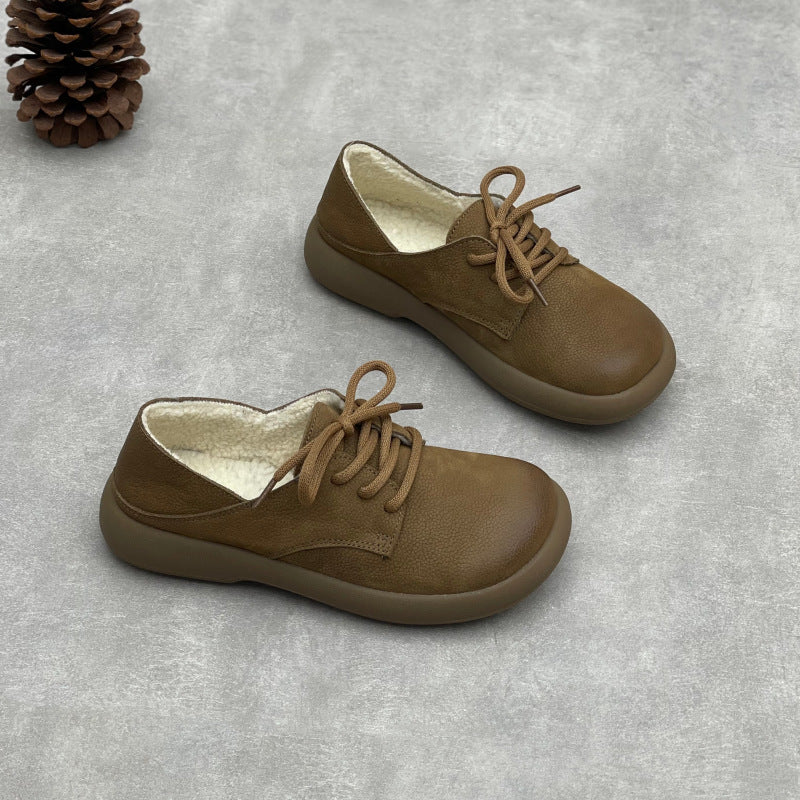 Winter Warm Leather Round Toe Lace-Up Fleece-Lined Flats