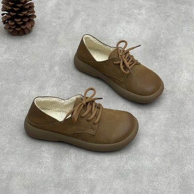 Winter Warm Leather Round Toe Lace-Up Fleece-Lined Flats
