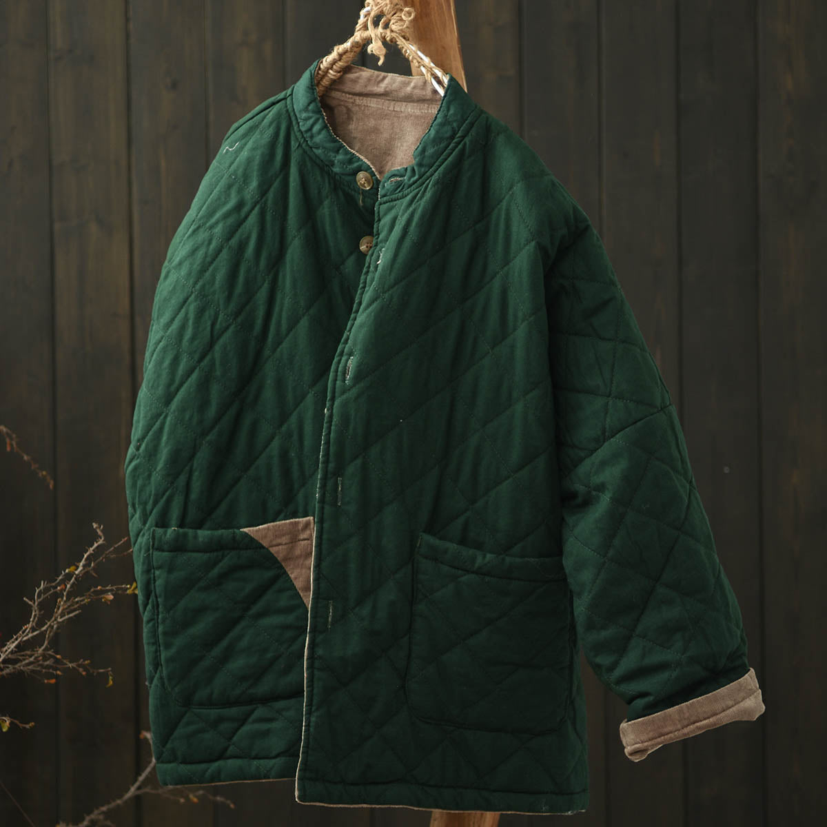 Women Winter Vintage Reversible Corduroy Stand Collar Quilted Jacket