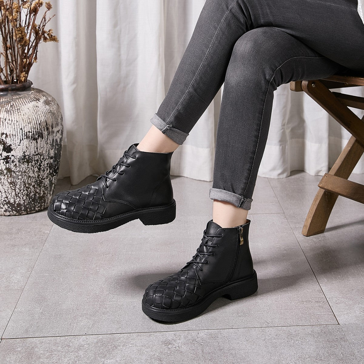 Retro Leather Woven Fashion Casual Zipper Soft Sole Ankle Boots