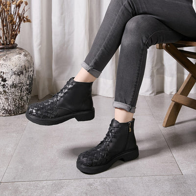 Retro Leather Woven Fashion Casual Zipper Soft Sole Ankle Boots