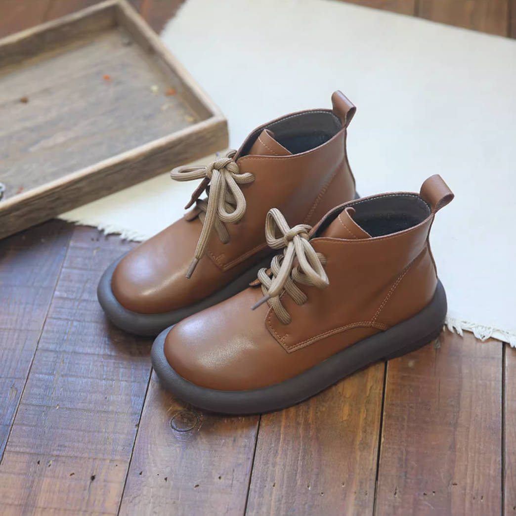 Retro Genuine Leather Round Toe Lace-Up Casual Ankle Boots