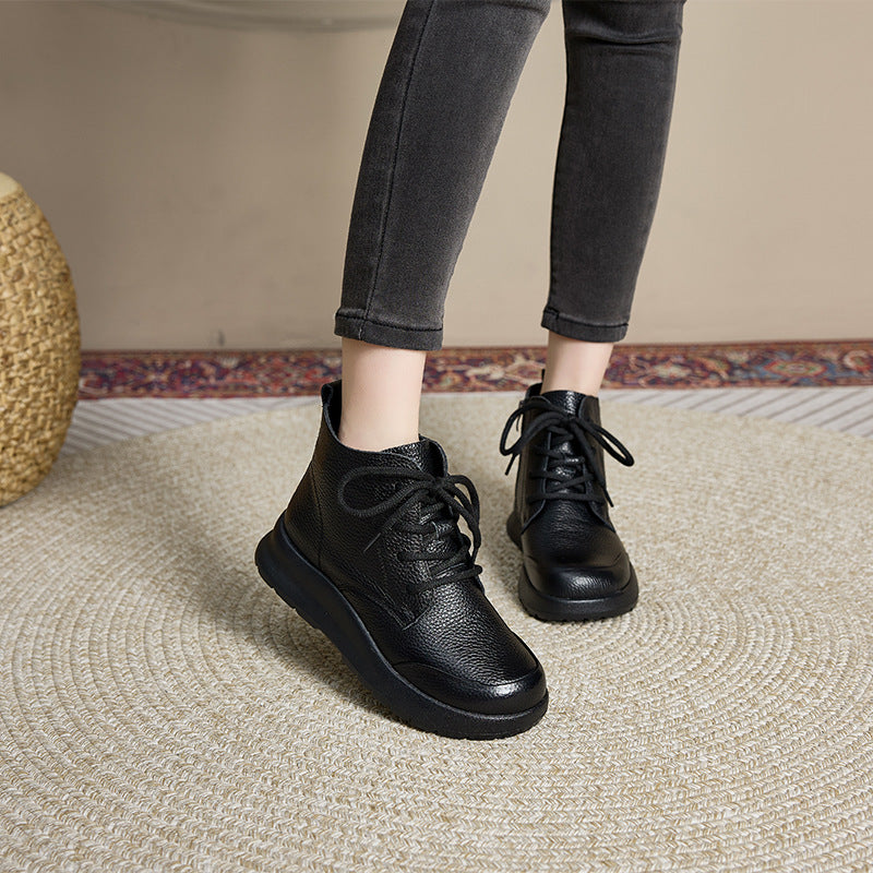 Autumn Retro Leather Soft Flat Sole Lace-Up Ankle Boots