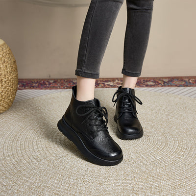 Autumn Retro Leather Soft Flat Sole Lace-Up Ankle Boots