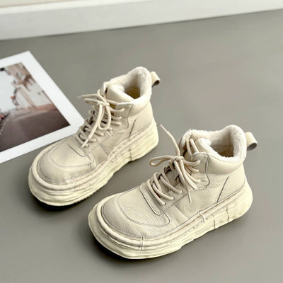 Winter Leather Warm Thick Sole Lace-Up Plush Wide Toe Ankle Boots