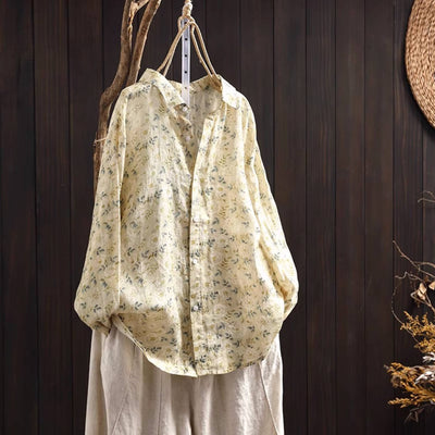 Retro Cotton Linen Floral Printed Casual Loose Long Sleeves Shirt