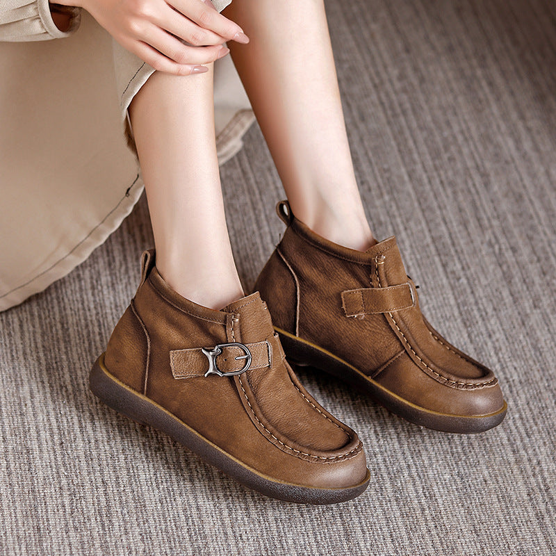 Retro Genuine Leather Round Wide Toe Flat Sole Ankle Boots