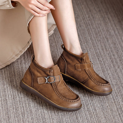 Retro Genuine Leather Round Wide Toe Flat Sole Ankle Boots