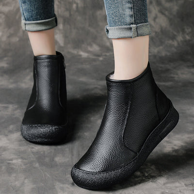 Retro Leather Round Wide Toe Wool-Lined Warm Slip-On Boots