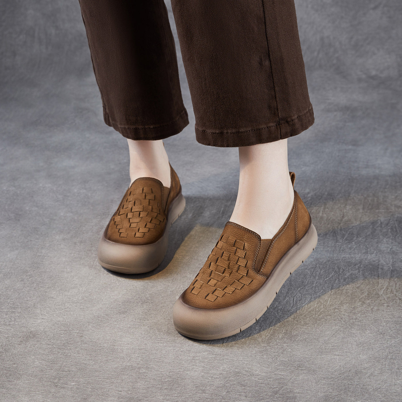 Genuine Leather Retro Handwoven Platform Loafers Slip-On Shoes