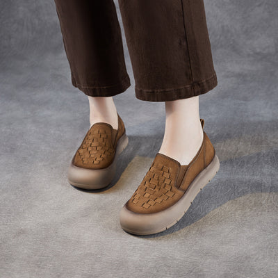 Genuine Leather Retro Handwoven Platform Loafers Slip-On Shoes
