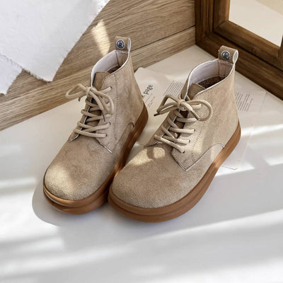 Versatile Top Leather Sueded Warm Flat Soft Sole Lace-Up Boots
