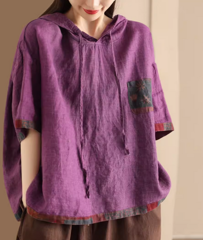 Babakud Women Vintage Linen Patchwork Hoodie