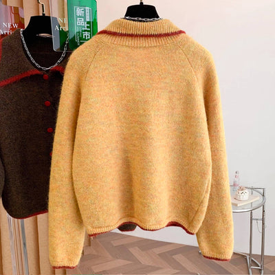Retro Winter Lapel Patchwork Single-Breasted Warm Thick Sweaters