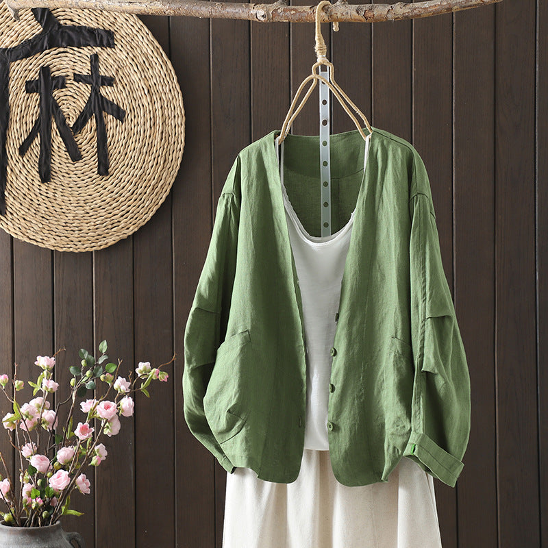 Cotton Casual Oversized Solid Color V-Neck Long Sleeves Blouse