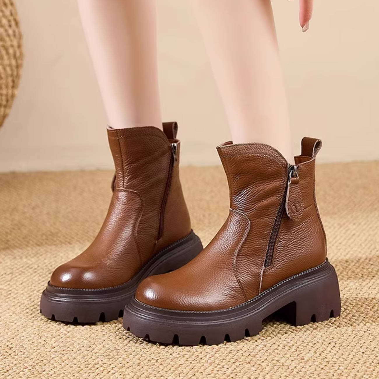 Top Leather Retro Solid Color Casual Thick Sole Chunky Zipper Ankle Boots