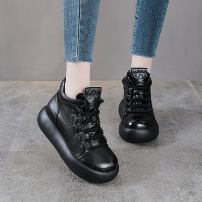 Retro Genuine Leather Thick Sole Platform Zipper Shoes