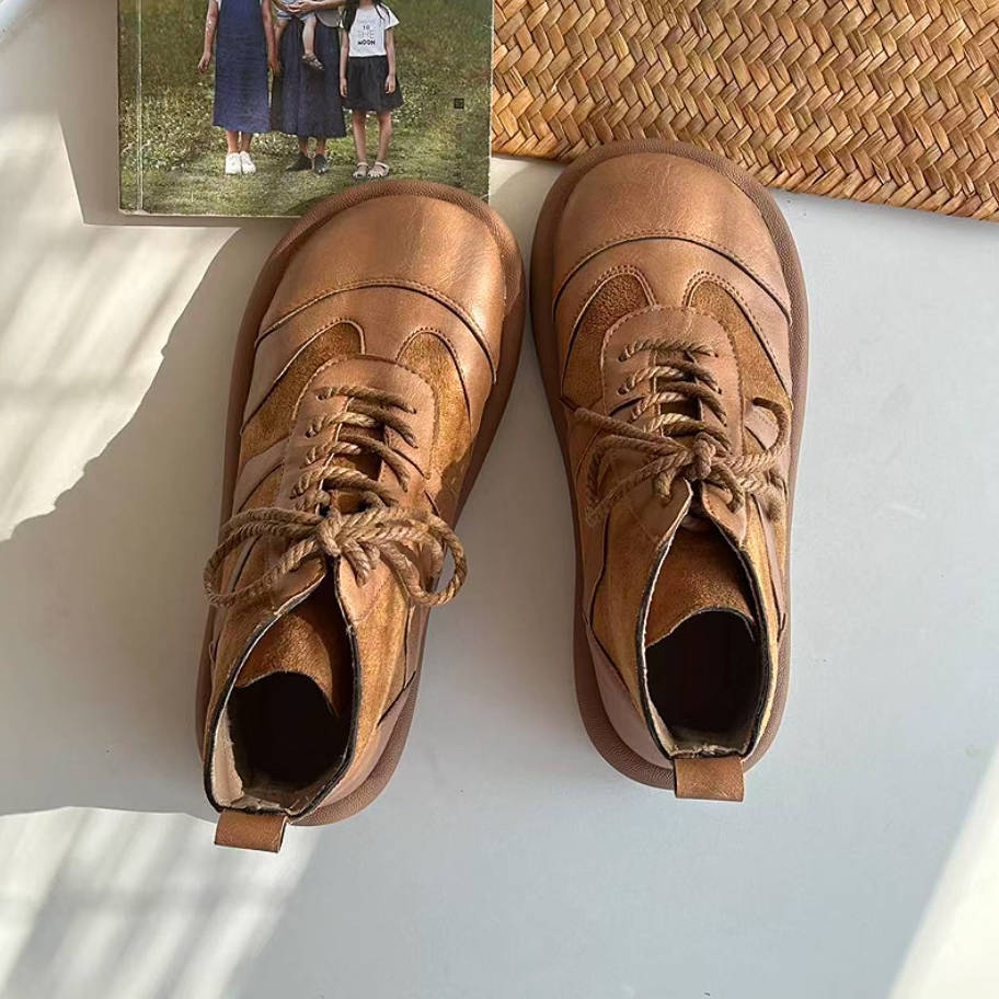 Genuine Leather Casual Round Toe Lace-Up Soft Sole Flat Shoes