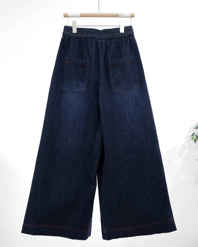 Autumn Retro Denim Blue Wide Leg Loose Casual Elastic Waist Jeans