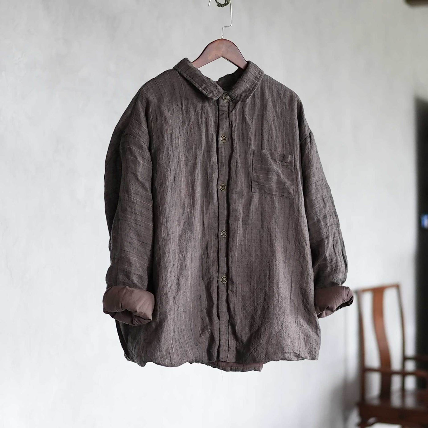 Winter Retro Linen Warm Cotton-In Striped Shirt Coat