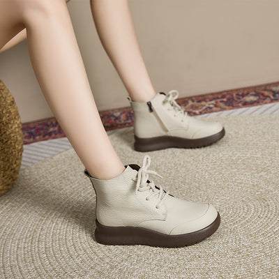 Autumn Retro Leather Soft Flat Sole Lace-Up Ankle Boots
