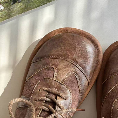 Genuine Leather Casual Round Toe Lace-Up Soft Sole Flat Shoes