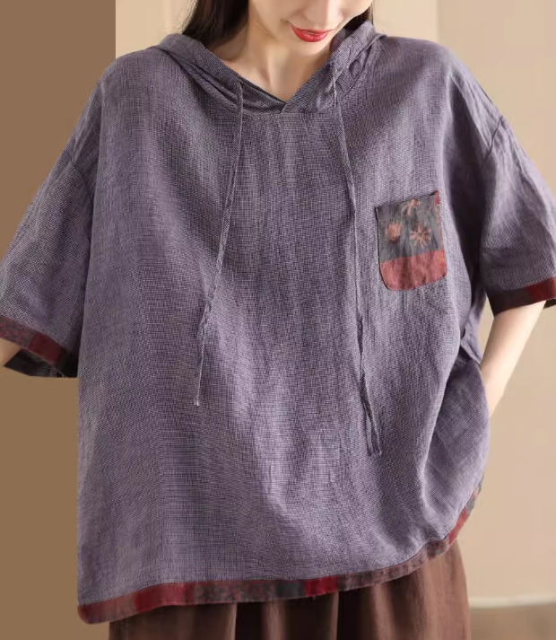 Babakud Women Vintage Linen Patchwork Hoodie