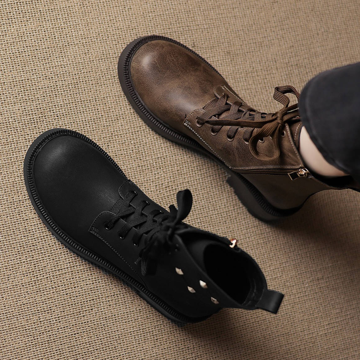 Vintage Fashionable Leather Studs Lace-Up Chunky Boots