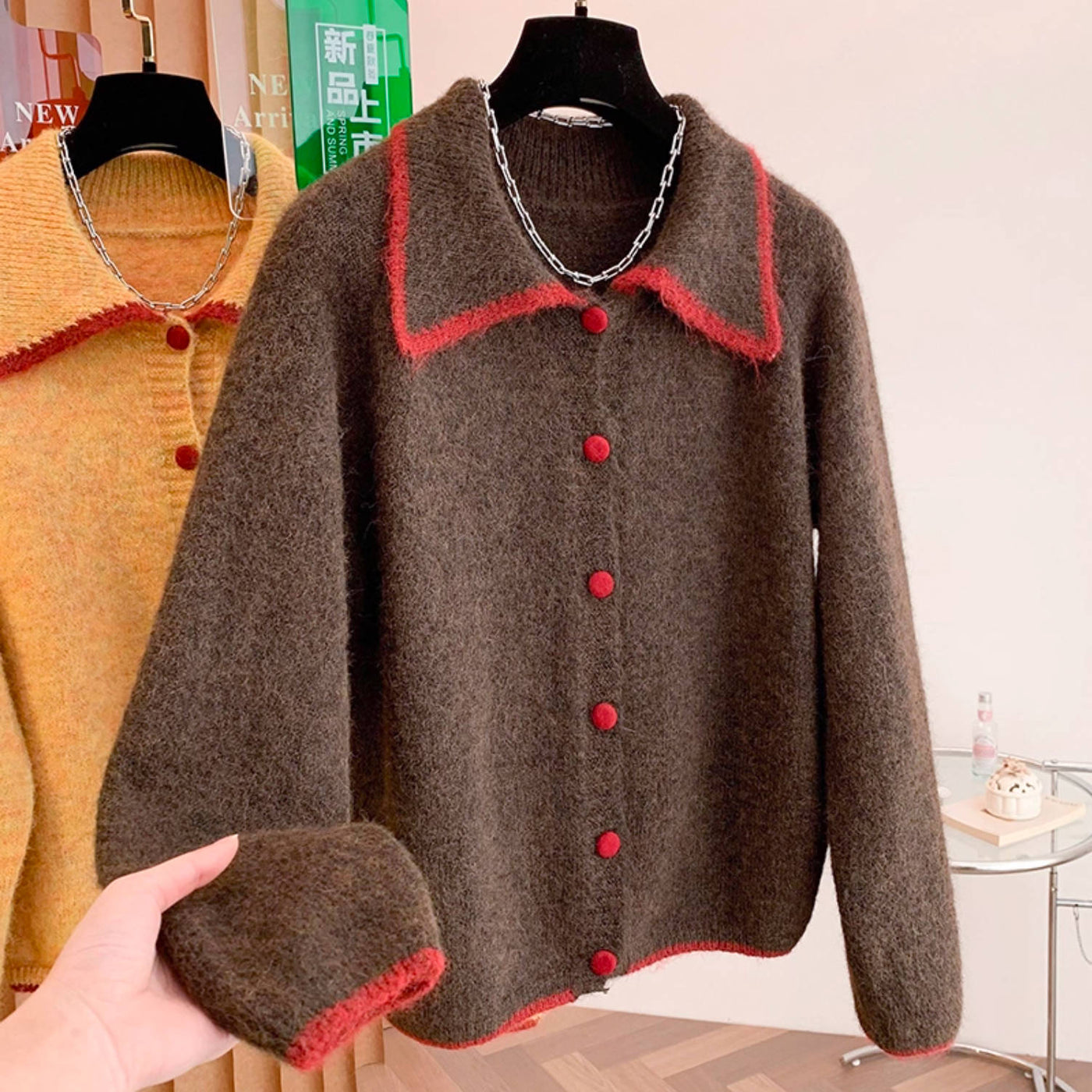 Retro Winter Lapel Patchwork Single-Breasted Warm Thick Sweaters