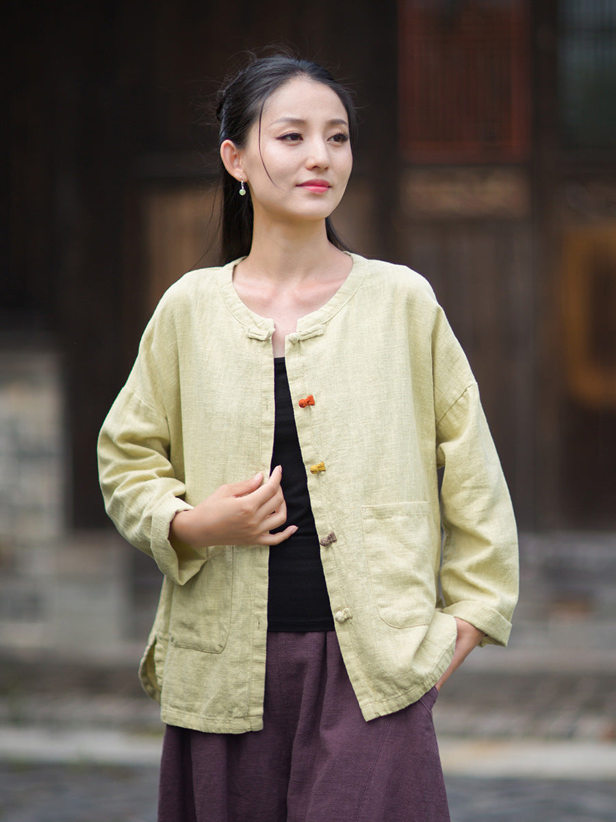 Babakud Retro Ramie Round Neck Single Breasted Loose Shirt