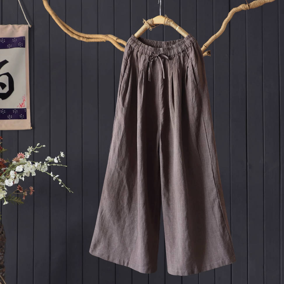 Retro Linen Autumn Loose Solid Color Casual Elastic Waist Pants