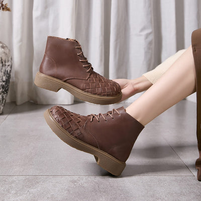 Retro Leather Woven Fashion Casual Zipper Soft Sole Ankle Boots